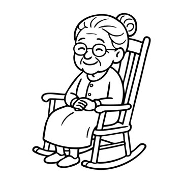 Dibujo sencillo con l&iacute;neas de una anciana feliz sentada en una mecedora 