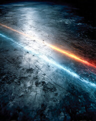 Anodized aluminum close-up with diagonal neon reflections and fine micro scratch texture