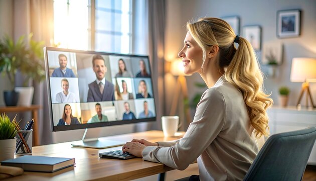 Adult woman participating in virtual meeting on desktop computer in stylish home office showing modern remote work lifestyle