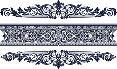 Fototapeta premium Luxury black damask floral split frame vector with elegant filigree scrolls and baroque elements for wedding invitations vintage labels and decorative border header designs.
