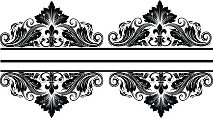 Luxury black damask floral split frame vector with elegant filigree scrolls and fleur de lis elements for wedding invitations vintage labels and decorative border designs. © Itz  Parvin