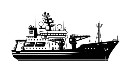 Obraz premium Black and white illustration of a large research vessel with multiple antennas and equipment.