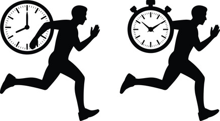 Silhouettes of two athletes running with a classic clock and a modern stopwatch on a clean background