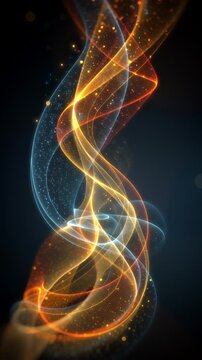 Twin Helix Of Vertical Light Threads In Blue Orange Glow. Energy Column, Signal Lattice, Sci Tech.
