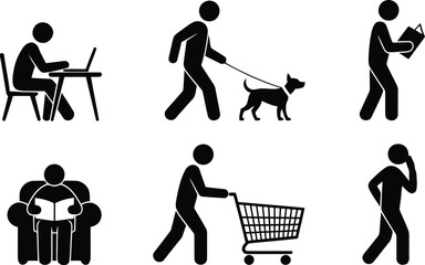 Simple black icon set illustrating people engaged in various common daily routines and actions