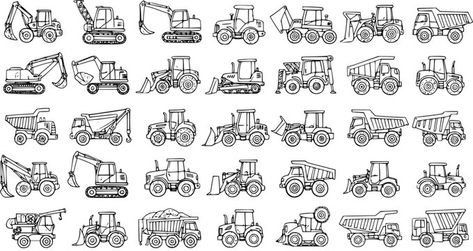Hand Drawn Outline Seamless Pattern of Construction Vehicles: Heavy Equipment, Excavators, Dump Trucks, Loaders