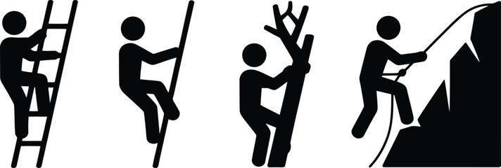 Simple black silhouettes show people engaging in different upward challenges like scaling ladders and mountains