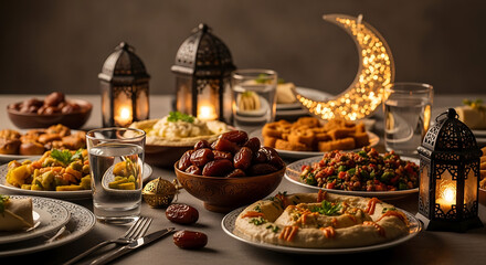 Fototapeta premium A warm and inviting evening Iftar table glows with lanterns and a crescent moon, laden with an array of traditional dishes and refreshing water.