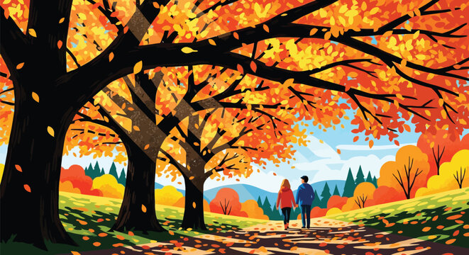 Vector illustration of a couple walking under vibrant orange and yellow autumn trees on a path