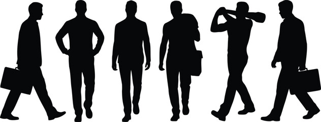 Six black male silhouettes in different walking and standing poses carrying bags on a clean white backdrop