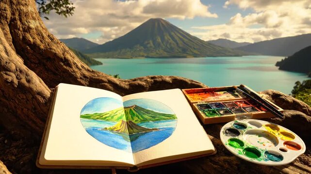 A slightly high angle view of an open sketchbook with a painted landscape on a rocky cliffside overlooking a serene lake and mountains