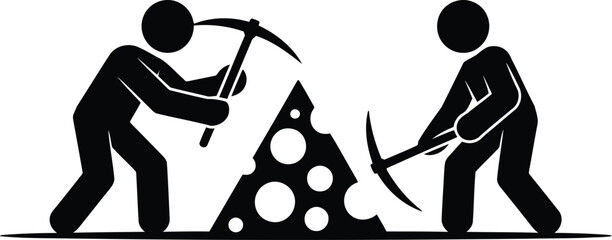 Stick figures representing two workers diligently mining a large piece of cheese with pickaxes