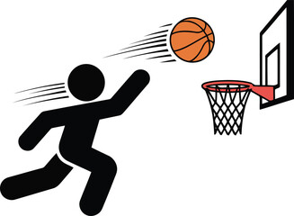 This clean white graphic shows a stick person figure throwing an orange basketball into a red rimmed net