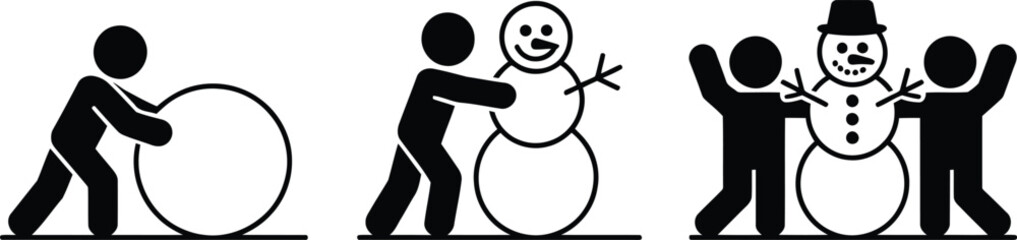 The sequential steps of building a snowman presented as a simple black and white pictogram series