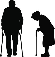 This striking image displays silhouettes of an elderly man with crutches and an older woman with a walking stick