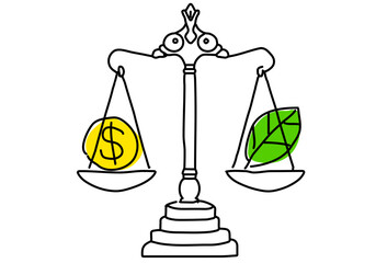 環境と経済のバランスESG投資、天秤に乗った葉とコイン