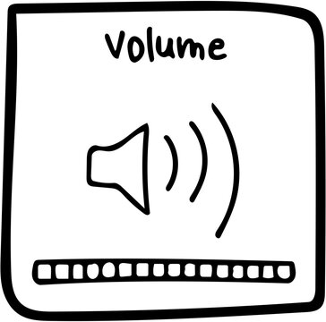 Hand-drawn illustration of a sound volume level indicator bar with sound waves emanating from a speaker icon, representing audio control and user interface elements