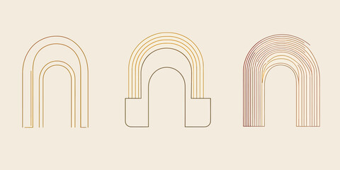 Fototapeta premium Minimalist line art set of three abstract arch shapes with rounded corners in warm earthy tones for modern boho style design elements vector illustration