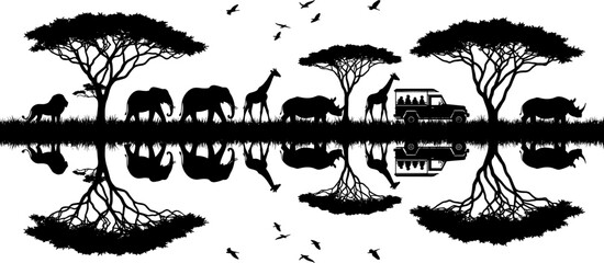 Majestic safari landscape silhouette collection, wild African nature vector set, lion elephant giraffe rhino graphics, savannah trees wildlife mirror reflection icons, isolated black outdoor scenery e © Ahsan