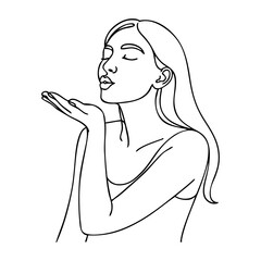 Dibujo con línea continua del retrato de una hermosa joven enviando un beso con la mano  © teracreonte