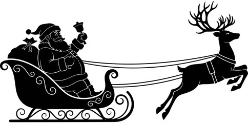 Santa Claus with reindeer sleigh silhouette, Christmas holiday flying vector, winter festive seasonal graphic, Saint Nicholas with gift sack icon, isolated black decorative celebration element. © Ahsan