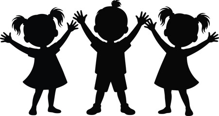 Three happy young children raising their hands in celebration or joyful play