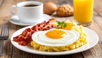 Close up breakfast set including two sunny side up egg, bacon strips, mashed potatoes, cup of black coffee, oranges Juice placed on top of wooden table 