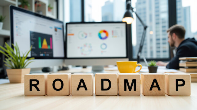 Business roadmap planning with strategic milestones and KPI tracking, project timeline alignment for product launch goals, resource prioritization and quarterly execution review meeting