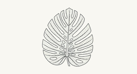Fototapeta premium Monstera leaf illustration in minimalist style with gray line art on white background for botanical design