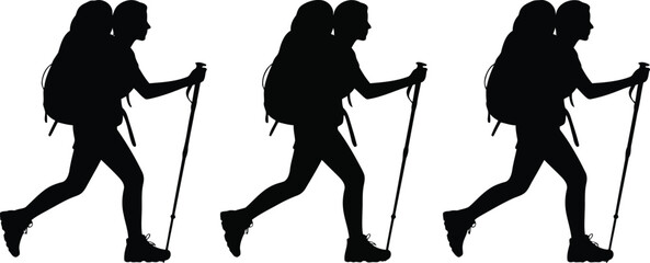 Three identical black silhouettes of hikers carrying large backpacks and using trekking poles
