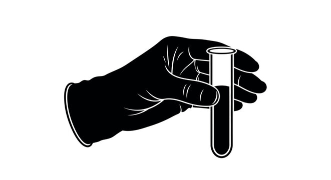 Hand holding test tube in black silhouette illustration with bold lines and stark contrast for scientific