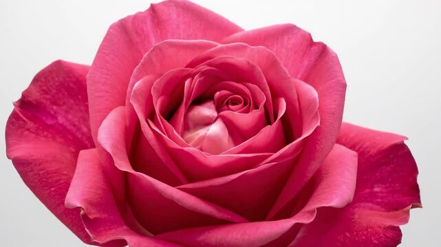 Vibrant pink rose in full bloom, close-up with intricate petals on a white background, suitable for website design, greeting card, floral advertisement, beauty packaging, or nature content.