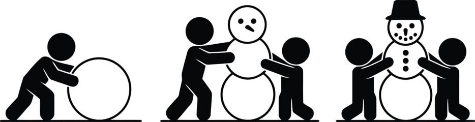 Three simple black and white stick figures demonstrate the fun process of building a cheerful snowman