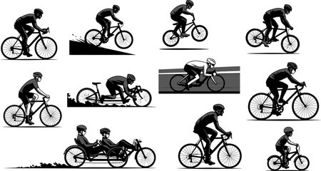 Naklejka premium Diverse Cycling Activities Vector Illustrations Set: People Riding Various Bicycles