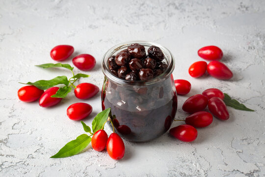 Homemade dogwood cornel jam in glass jar