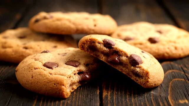 Delicious homemade chocolate chip cookies stacked on a rustic wooden table, one cookie broken in half to show the gooey center.