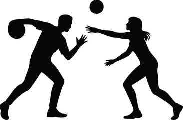 Two athletic silhouettes portray a man throwing a ball toward a woman reaching out to block it