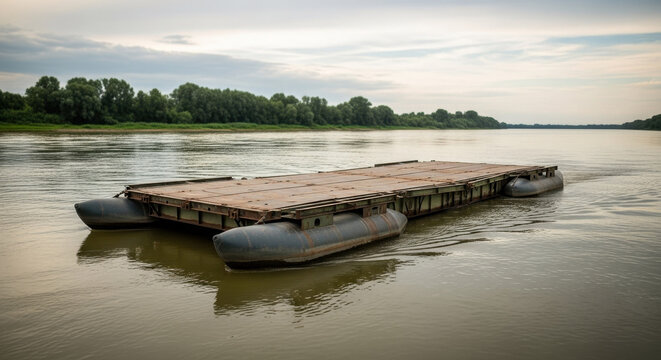 Military pontoon bridge section floating on a wide river with forested banks