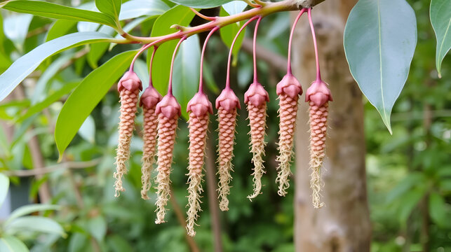 Long pendant seed structures of Phyllodium pulchellum hanging from leafy branches