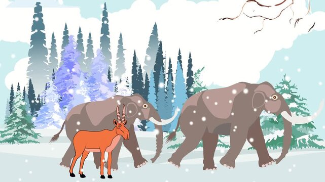 Mammoths walking in snowy forest with saiga antelope foreground snowfall animation (not AI)