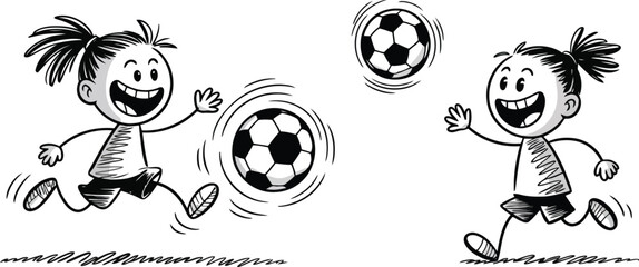 Two happy cartoon girls actively playing soccer and having fun on a bright white background