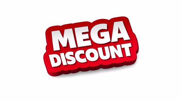 Animated video of the words Mega Discount, in 3D red and white, transparent or alpha background, 4K footage.