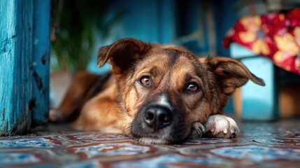 Fototapeta na wymiar A relaxed dog lies peacefully on a patterned floor, embodying tranquility and companionship, capturing the essence of home and the joy pets bring to our lives.