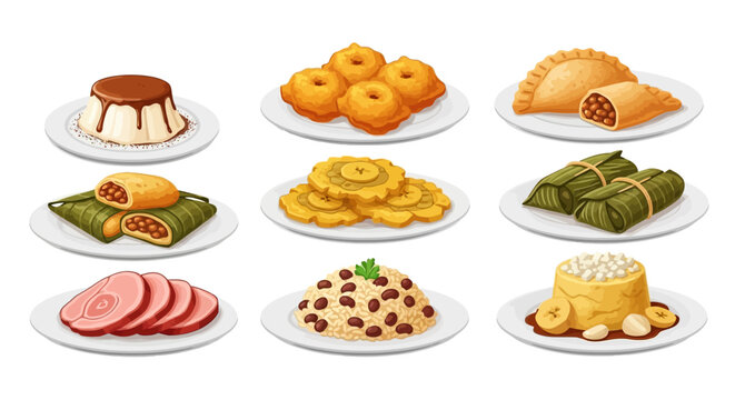 Traditional Puerto Rico Meals Flat Vector Illustration