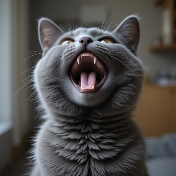 The gray cat looks up, mewing and having widely opened a mouth