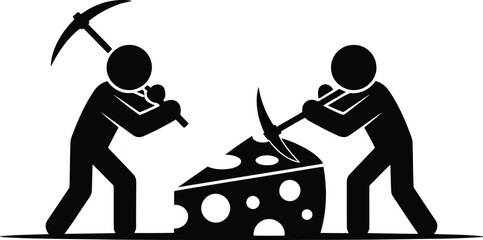 Two individuals actively using pickaxes to extract portions from a large wedge of cheese