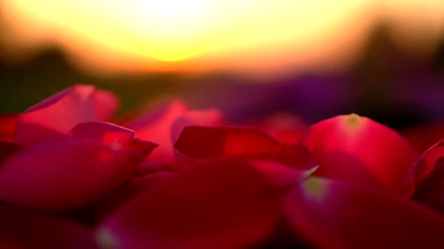 Close-up of vibrant red rose petals scattered on a surface with a soft, warm sunset glow in the background.