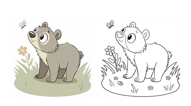 cute teddy with butterfly for kid coloring,