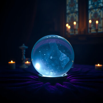 Mystical crystal ball glowing on a velvet surface with candles in a dimly lit room
