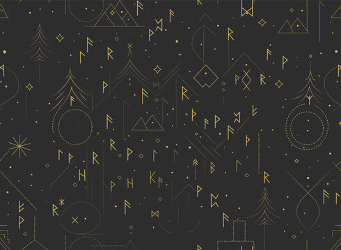 Golden Nordic runes, mountains and pine trees seamless pattern, vector eps 10